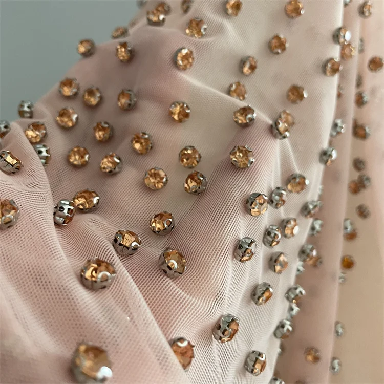 High quality Evening dress heavy sexy beige rhinestone tulle lace fabric for women