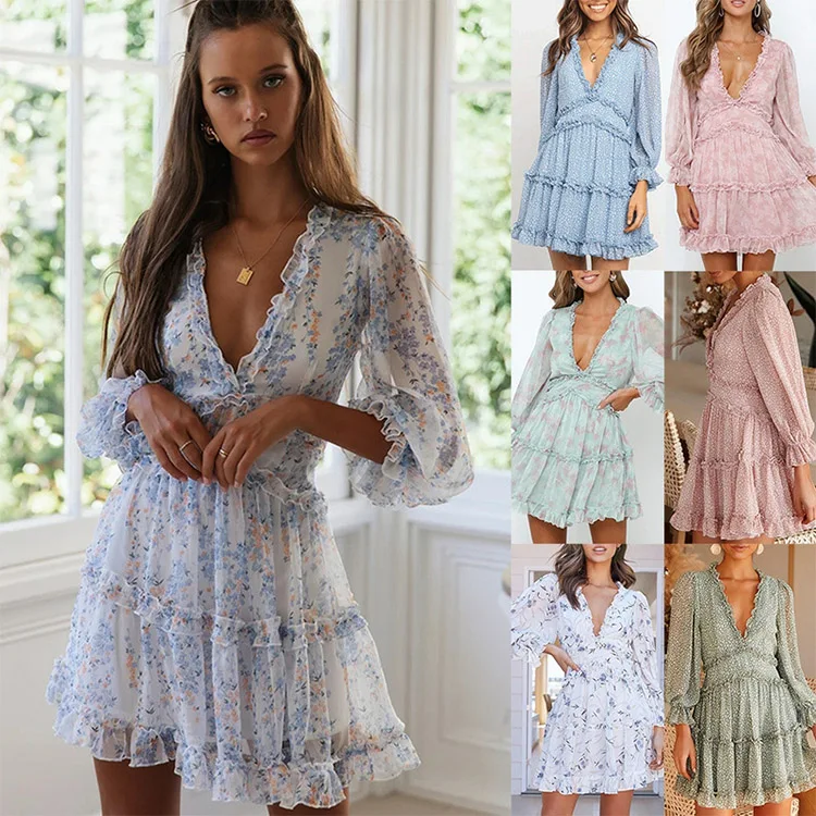 2021 New European and American fashion Women Sexy V Neck Long Sleeve Open Back Printed Mini Short Dresses for Beach