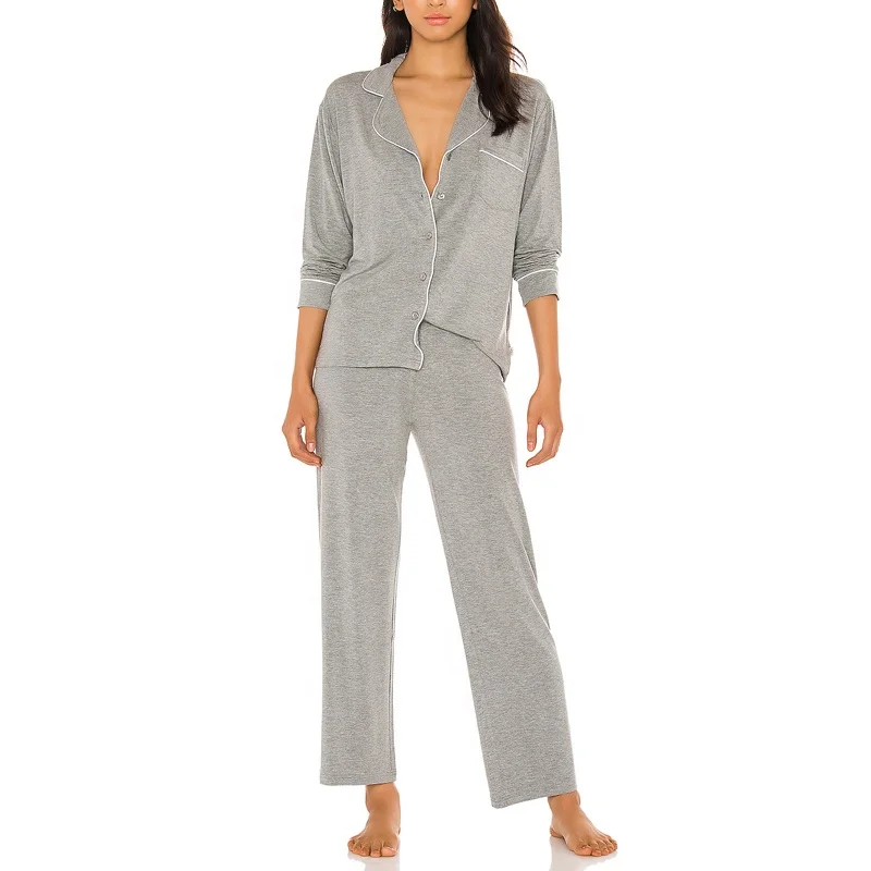Wholesale pajamas cheap price high quality women loungewear sets ladies grey cotton sleepwear soft fabric