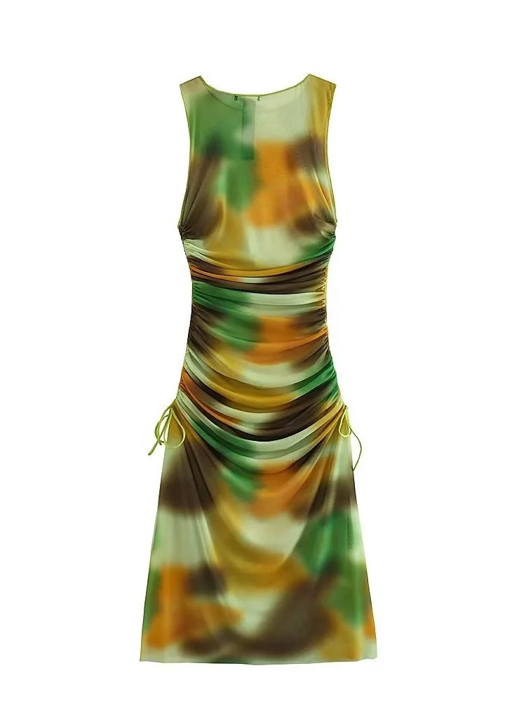 ZHEZHE Summer Latest High Quality Sleeveless Tank Top Tie Dyed Print Ruched Slit Long Maxi Dress Mesh Beach Dresses