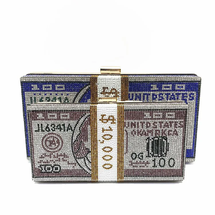 Women fashion trending dollar print party rhinestone luxury money bling clutch lock money bag for girl