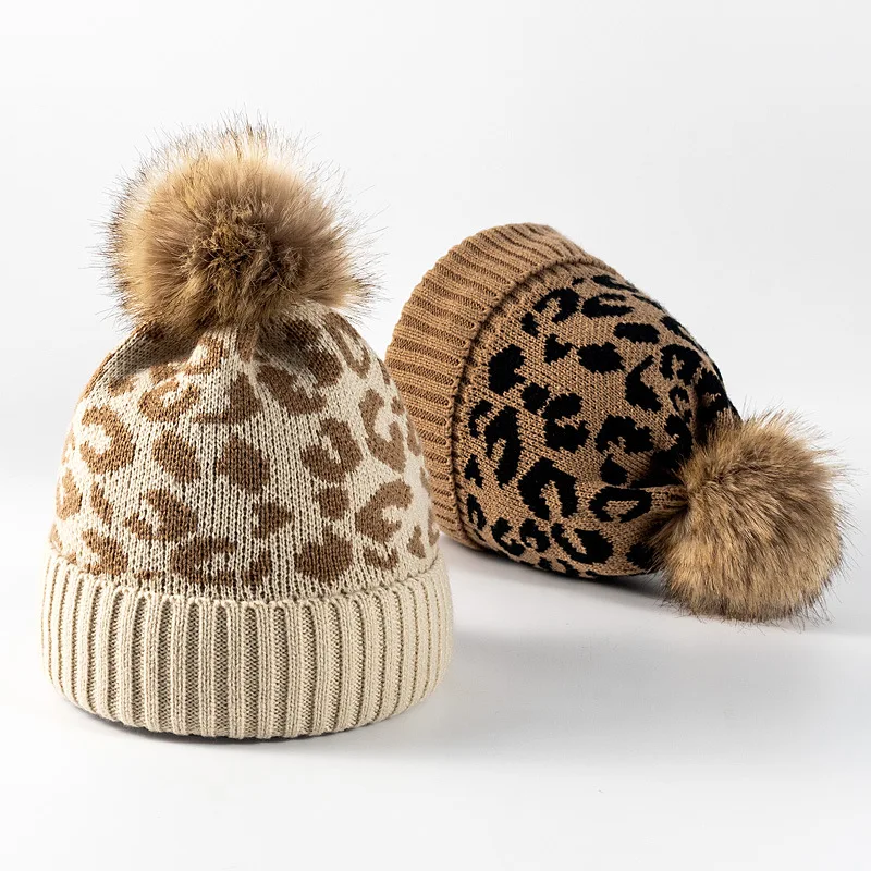 Wholesale New Trend Accessories Fur Ball Leopard Cheetah Pom Pom Beanie Printed Knitted Cap Warm Winter Hat for Women Lady Girl (1600294181809)