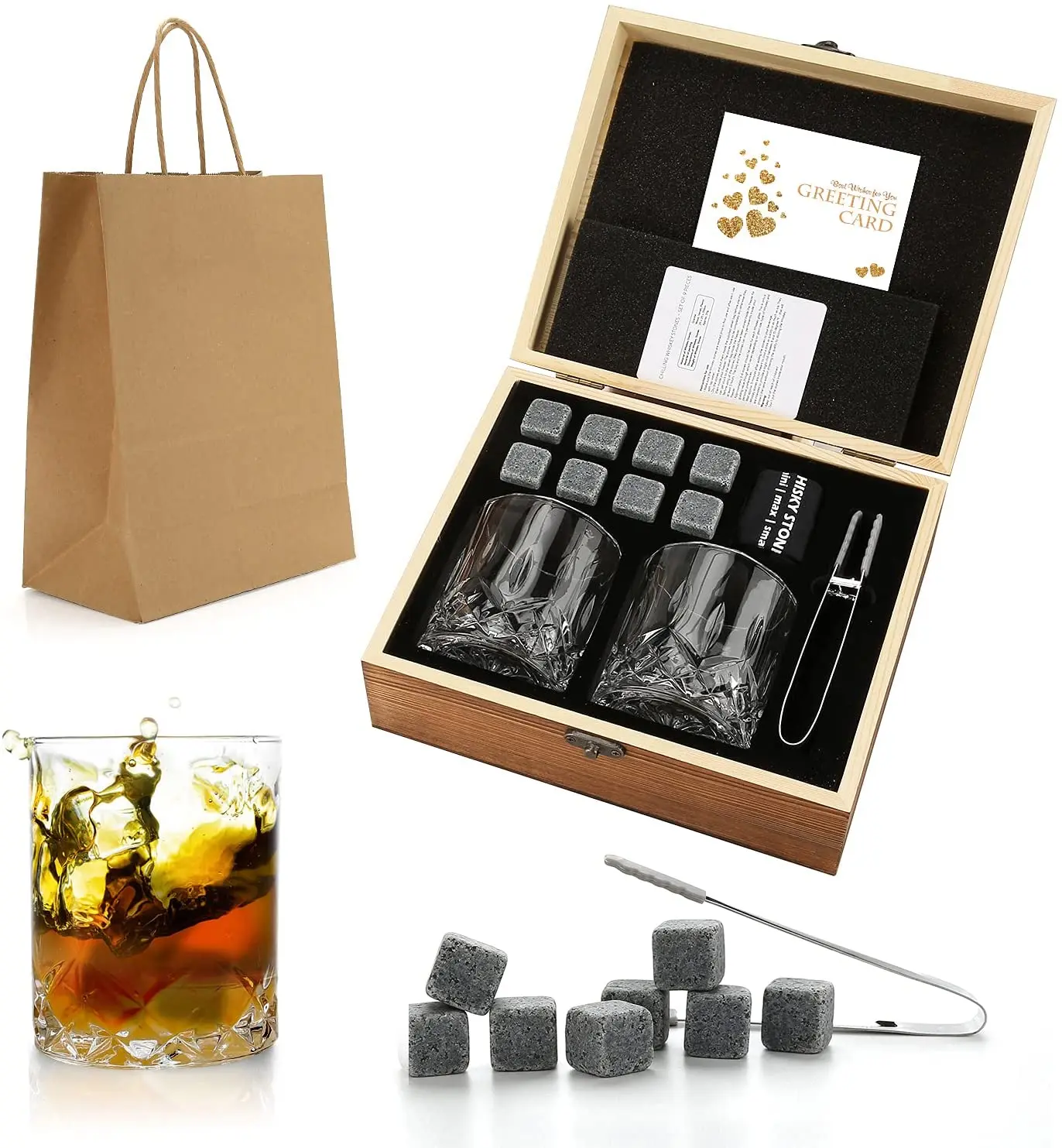 Best Whiskey Ice Cube Gift Set Popular Bourbon Chilling Rocks with 2 Crystal Whisky Shot Glasses in Old Fashion Wooden Box