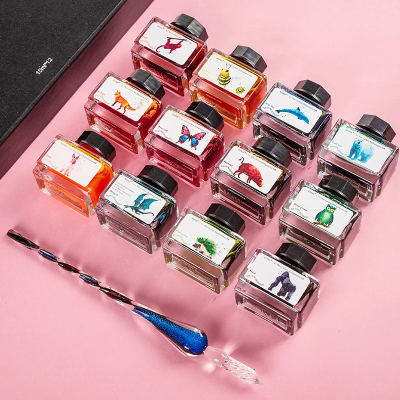 Sprite color ink set with sparkling glass transparent pen dipped in fountain pen for students to practice calligraphy and paint
