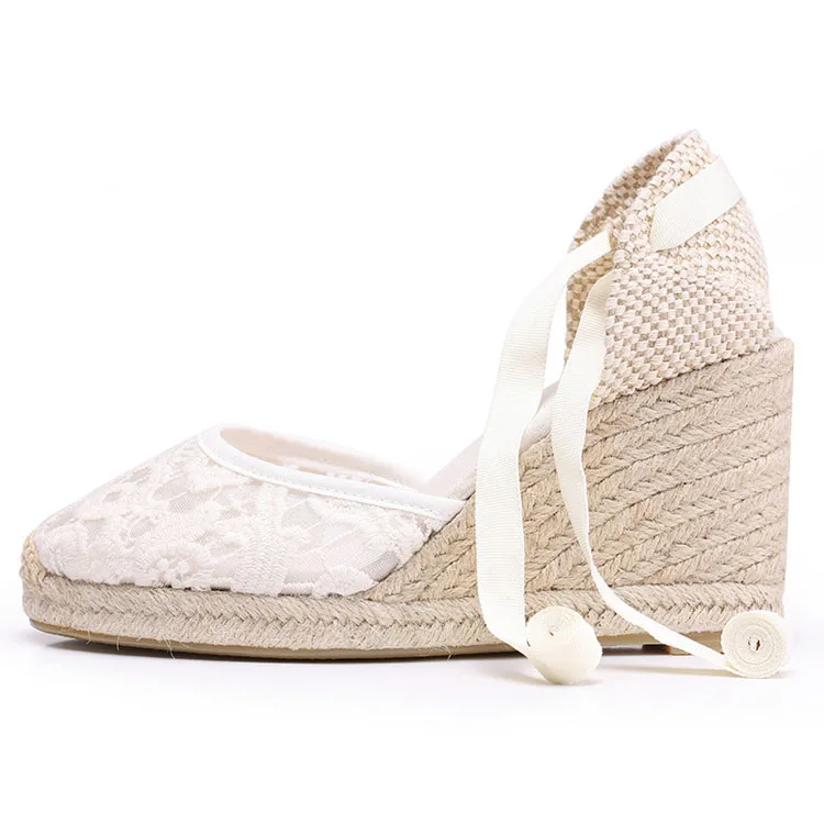 Nicecin Lacing retro shoes for ladies cotton shoes with raised heels creative wedge lace sandals women sneaker shoes espadrilles