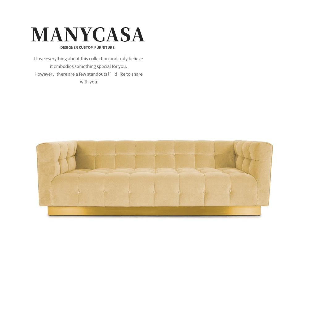Light Luxury Pink Velvet Fabric Lounge Tufted Sofa Gold Stainless Steel Base Settee Couch For Hotel/Home Furniture