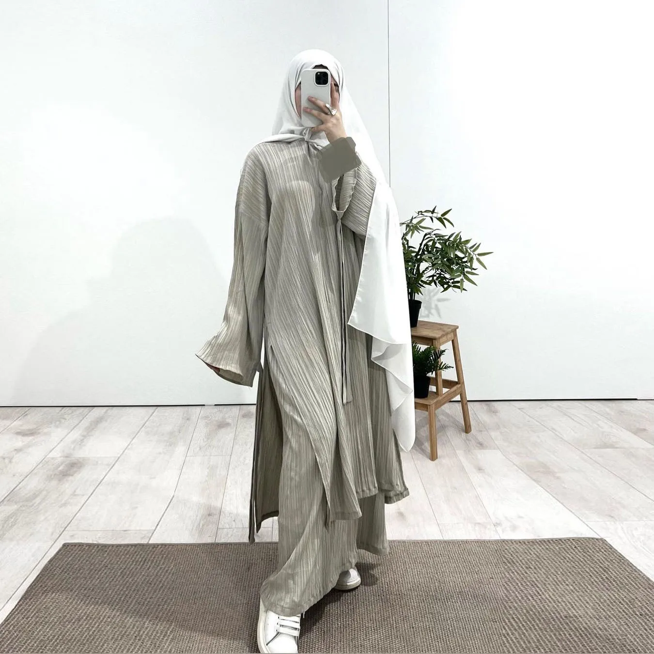 2 Piece Pleated Stripe Set Islamic Clothing Women Modest Abaya Loose Split Side Tunics Oversize Skirts set