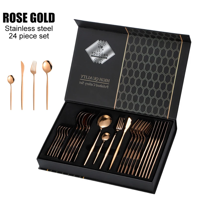 Stainless steel cutlery set 24pcs Rose gold Flatware set spoon Knife Fork tableware Set gift box Small MOQ can be customized