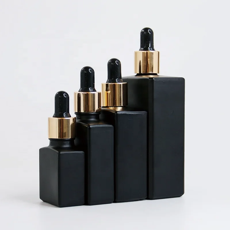 Wholesale 2oz Clear Black Essential Oils Serum 10 ml 15ml 30ml 100 ml Empty Flat Square Dropper Bottle Glass Bottles with Logo