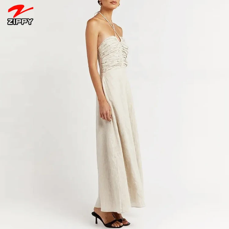 100% Natural Linen Backless Maxi Dresses Clothing  Summer Halter Sexy White Beach Dress Long Linen Elegant Casual Dress For Wome