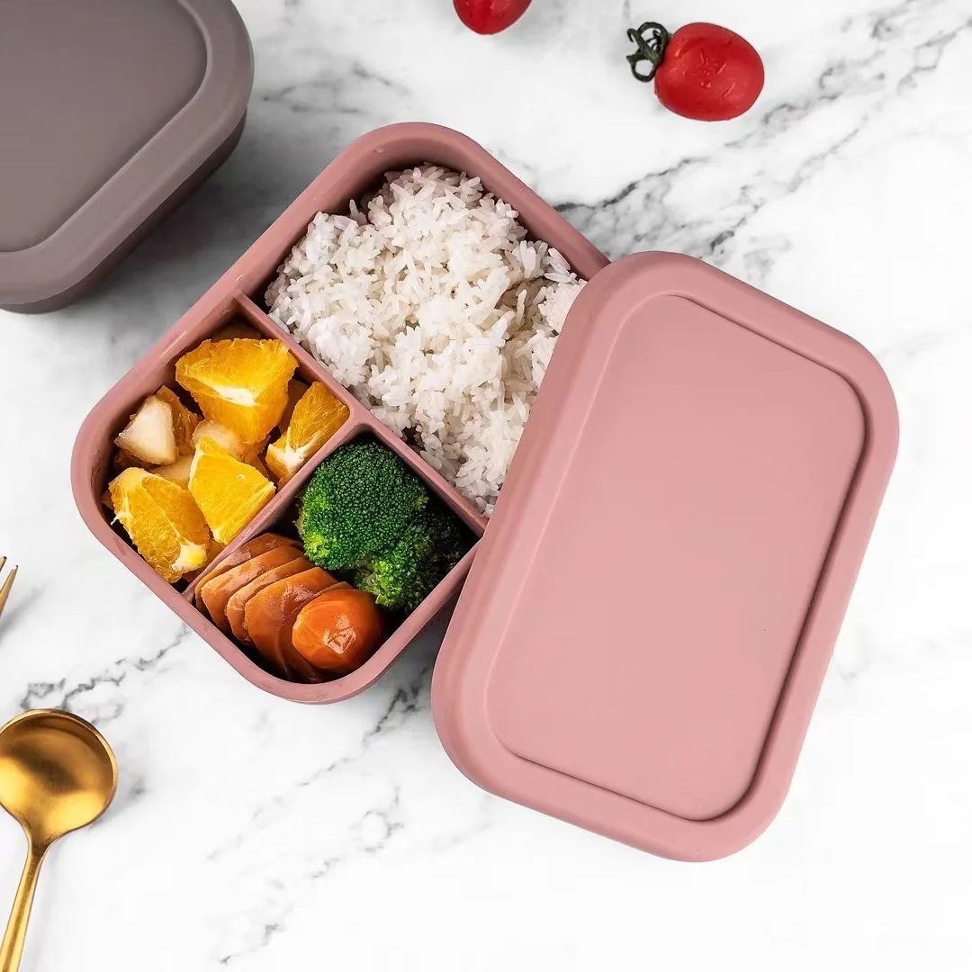 3 Compartment Silicone Lunch Box with Lid Leak-proof Silicone Lunch Box for Kids BPA Free heater Adult Lunch Box