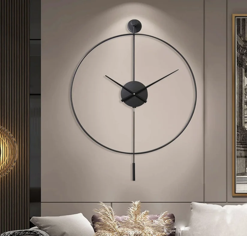 FYTCH 24inch Modern Simplistic Taiwan Brand Quartz Movement Watch Home Decor Luxury Black Single Iron Circle Clock with Pendulum