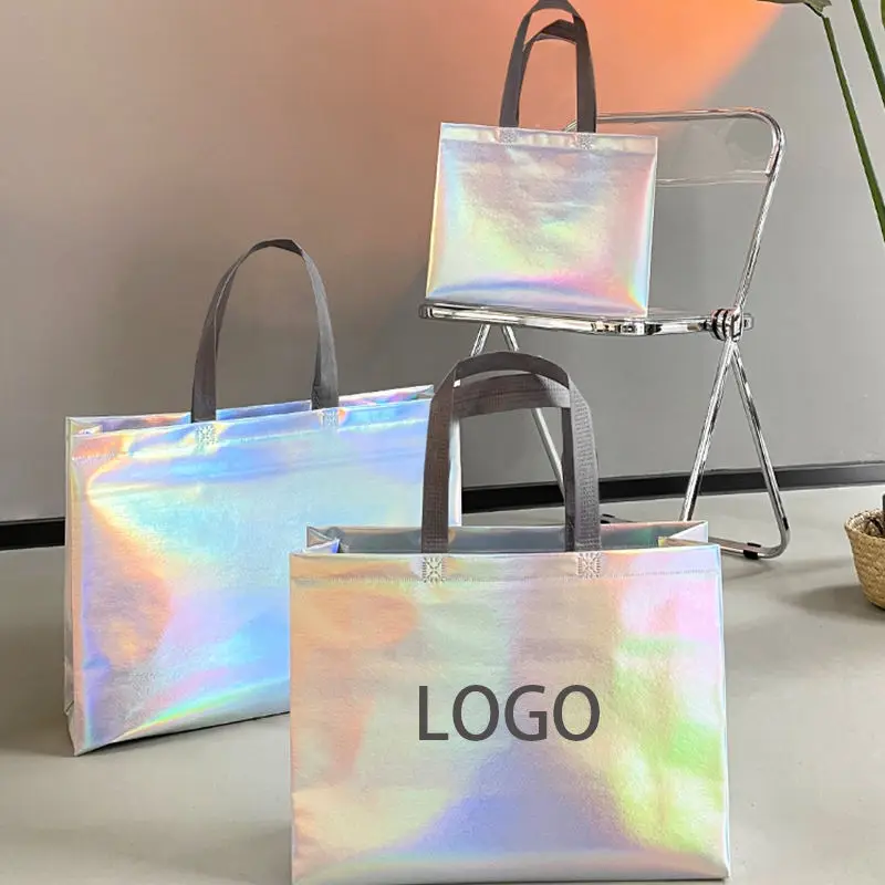Custom Logo Reusable Fashion Pink Holographic Metallic Laminated Non Woven Iridescent Gift Tote Bag With Logo