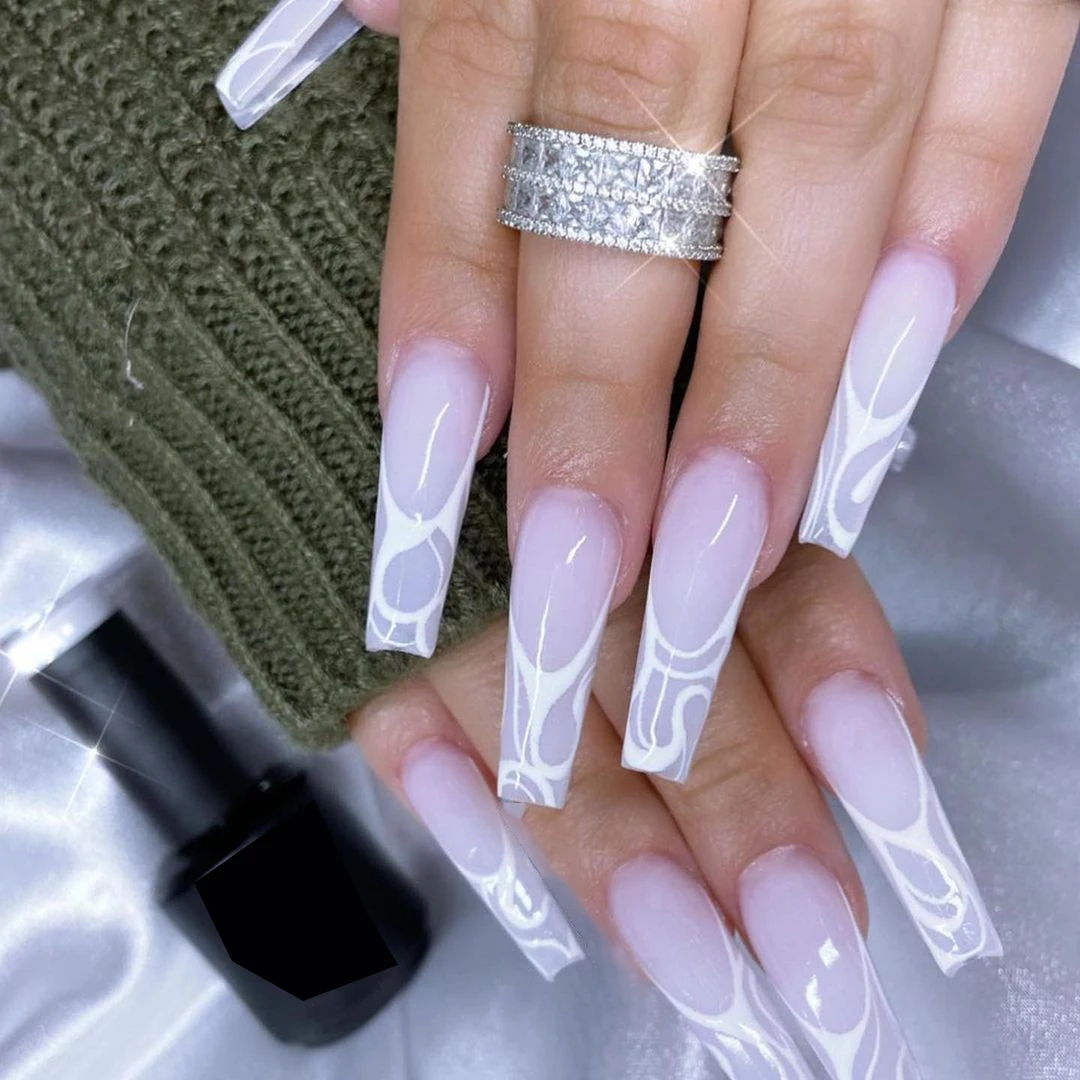 24Pcs false nails wave lines full cover nail tip boxes ballerina press on nails vendor artificial fingernails for women