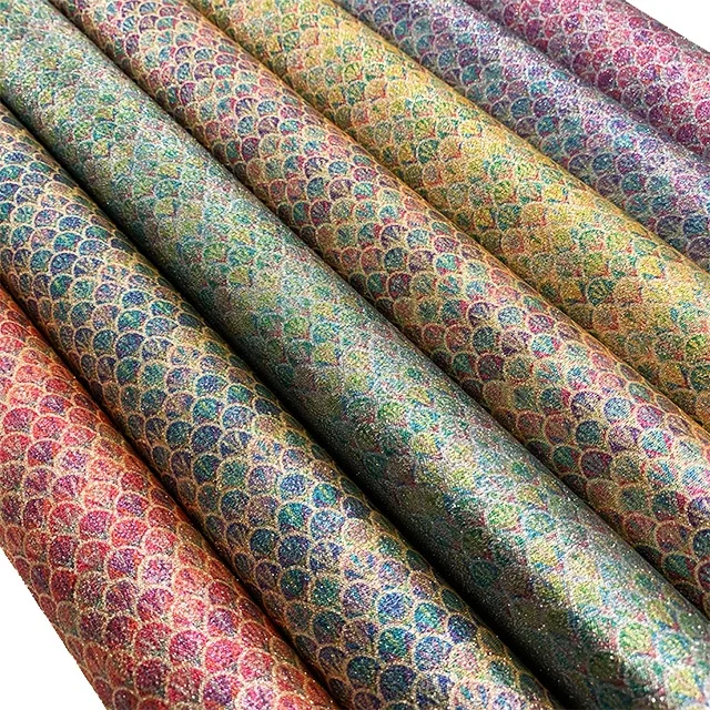 Southeast Asia Style Fish Scale Printed Glitter Fabric for Bows , Bags And Shoes