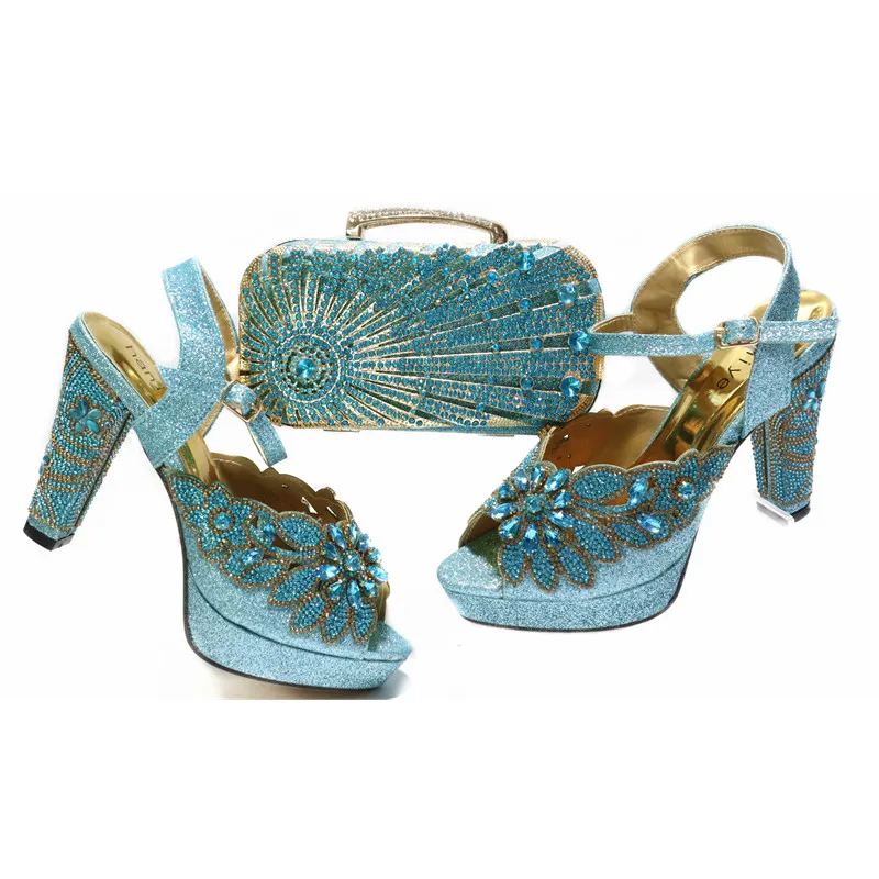 Beautifical High heel buckle shoes fish mouth style stones party shoes matching bags for women 15-1