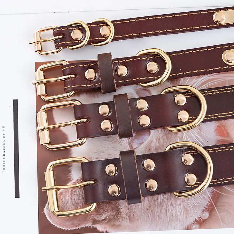 Pet collar with dog tags can be engraved dog collar first layer cowhide pet supplies manufacturers