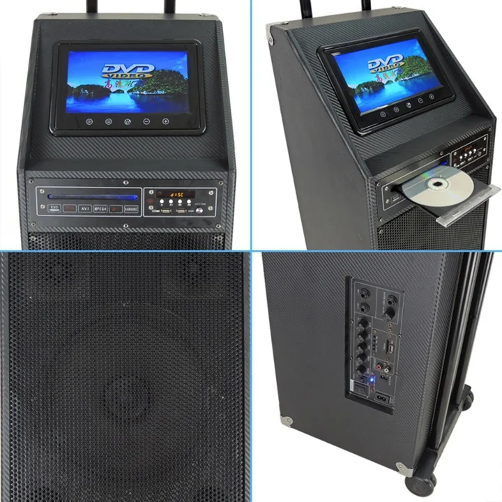 Портативный активный деревянный динамик на колесиках с USB/SD/FM/беспроводным микрофоном/пультом дистанционного управления/экраном 7 или 9 дюймов/DVD/перезаряжаемой батареей
