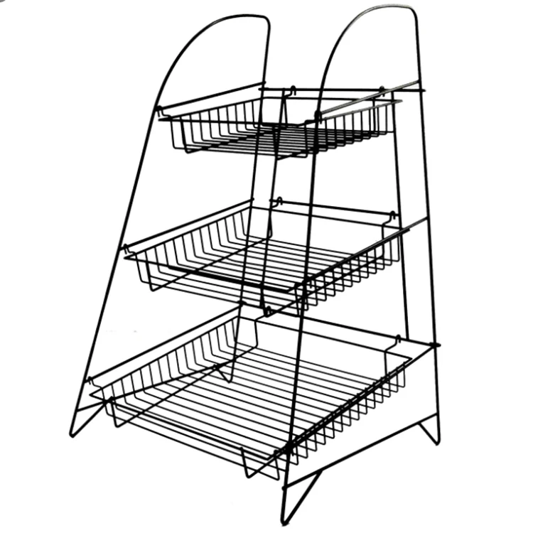 3-4 Tiers Snack Display Retail Shelf Wholesale Supermarket Black Metal Bread Wire Rack With Caster Whee