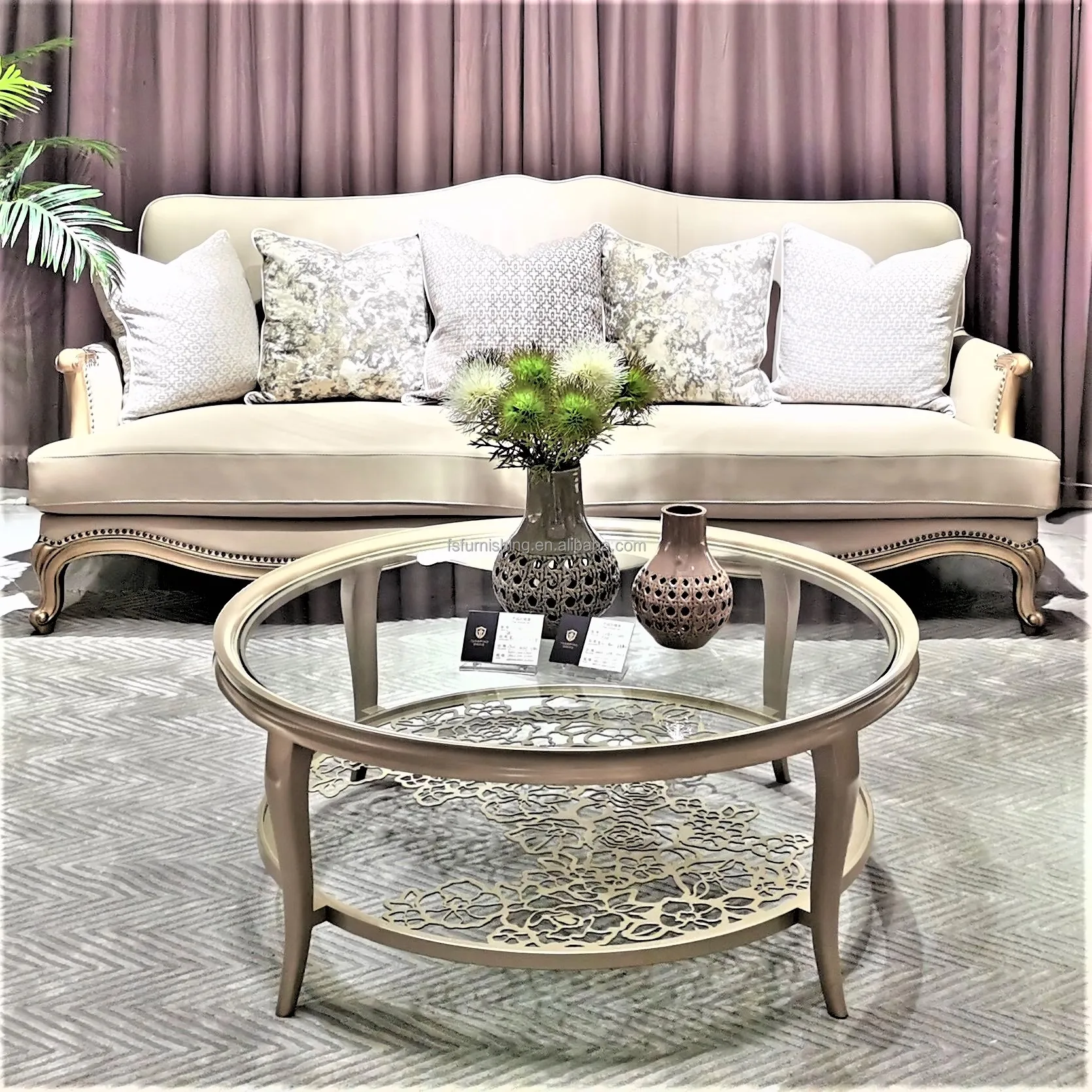 luxury champagne gold classic wooden frame french antique living room furniture fabric sofa couch set
