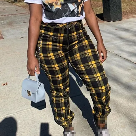 Womans Fashion 2021 Clothes Front Zipper Yellow Plaid Pattern Long Palazo Pant Women Casual Harem Slit Pants Trousers And Jeans