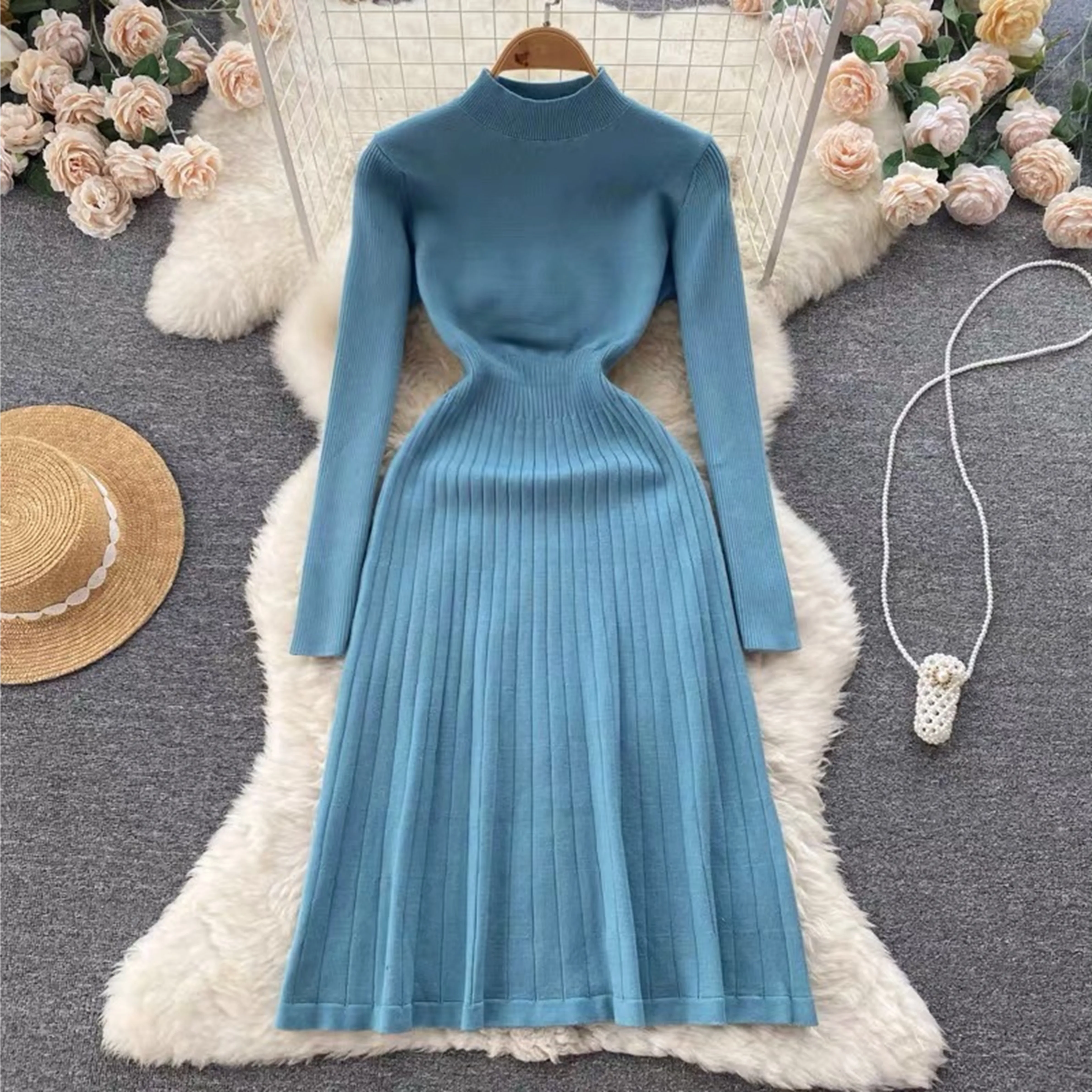 Fall 2023 New Brown Knitting Sweater Dress A-line Sweater Dress for Women Casual