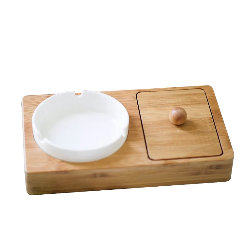 ATY109 Creative Smoking Set Bamboo Storage Base with Ceramic Ashtray for Home