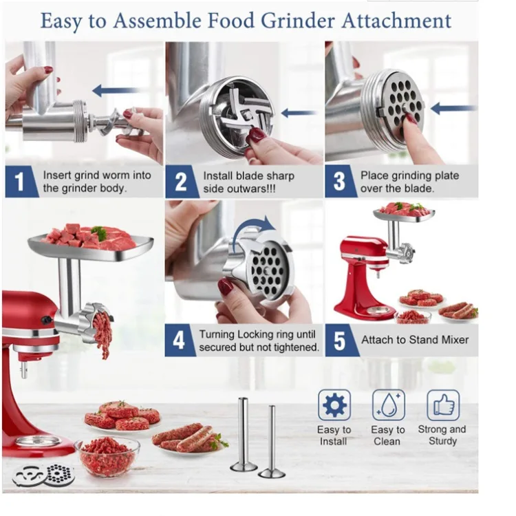 Meat Grinder Attachment for Kitchen Stand Mixers Accessories Included 3 Sausage Stuffer Tubes and 4 Grinding Plates