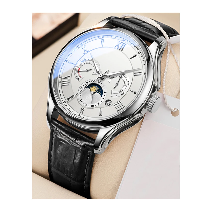 Мужские Водонепроницаемые механические наручные часы из нержавеющей стали с календарем и фазой Луны