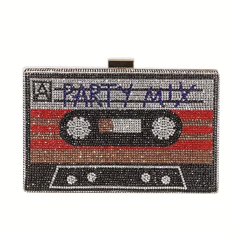 Tape Shaped Clutch Purse Stylish Rhinestone Radio Recorder Party Bag Trendy Creative Handbag Evening Bags