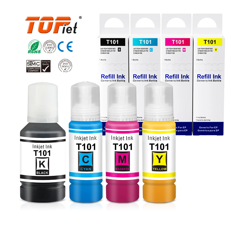Topjet 130ml 70ml T101 101 Tinta Dye Ink Water Based Bulk Bottle Refill Kit Compatible For Epson 6176 3160 4156 Printer