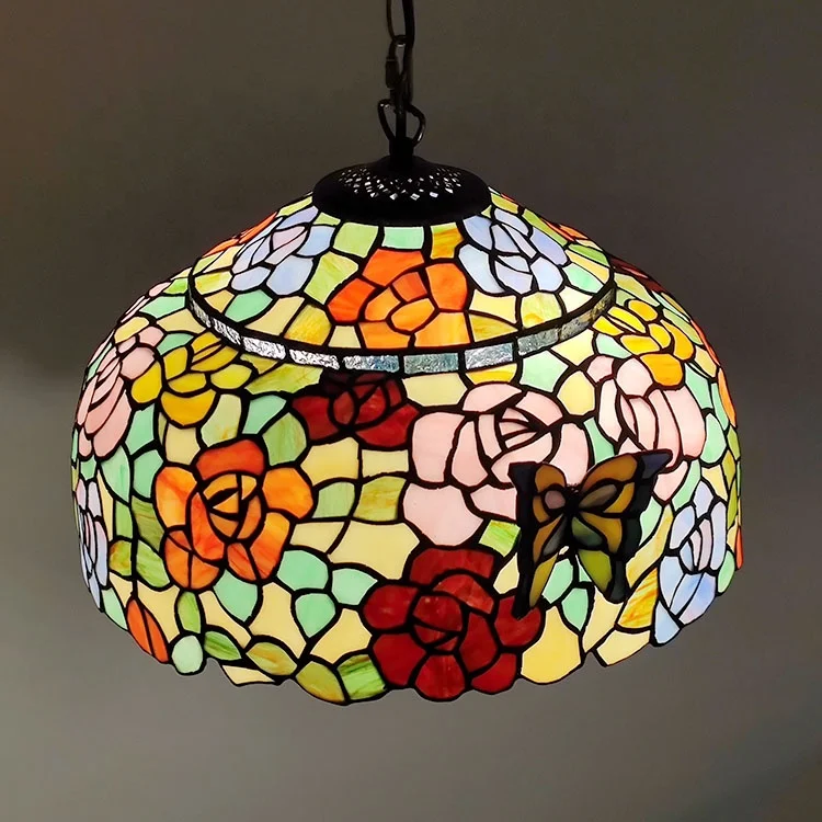 LongHuiJing Tiffany Chandelier 16 Inches Wide Stained Glass Two-Color Flower Lampshade Lighting Butterfly Pendant Lights