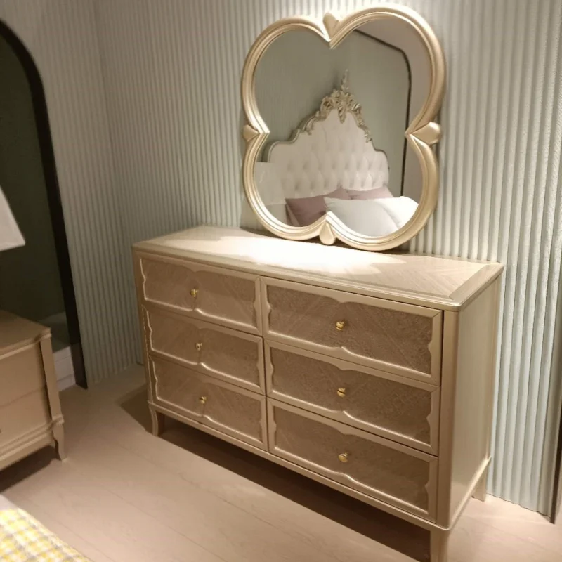 French Luxury Romantic Princess Double Golden Beds Wedding King Size Bed Dresser Bedroom Sets Wooden Frame with Upholstered Bed