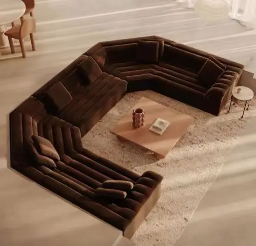 Italian retro luxury red velvet fabric living room modular sofa set U shape low arm sectional fabric sofa