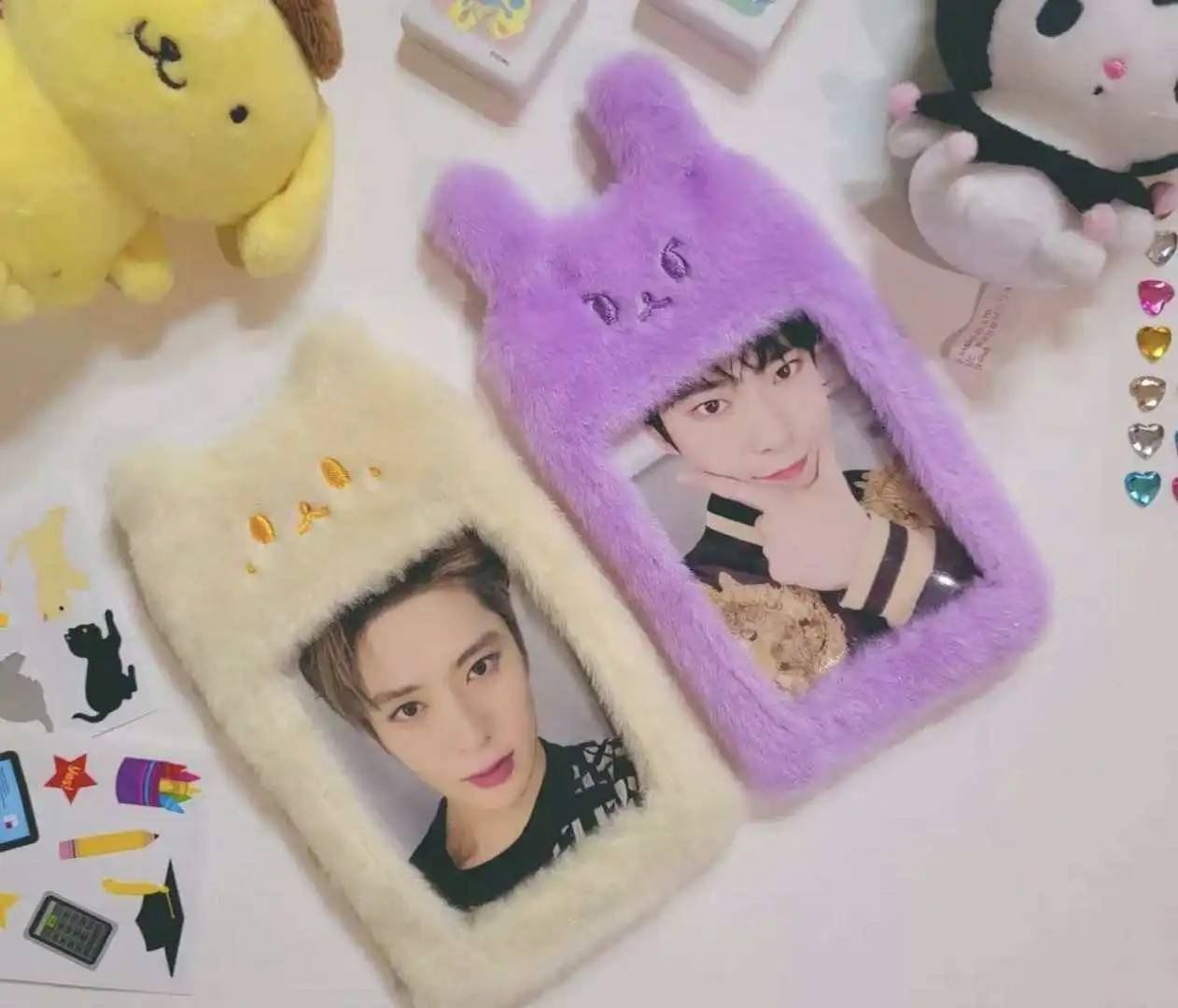 cute club photocard holder embroidered fabric rabbit fox doll fluffy collect card holder kpop plush photocard holder