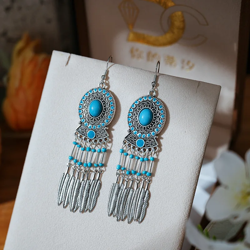 Bohemian Ethnic Purple Water Drop Feather Earrings For Women Elegant Drop Oil Rice Bead Earring Party Wedding Jewelry