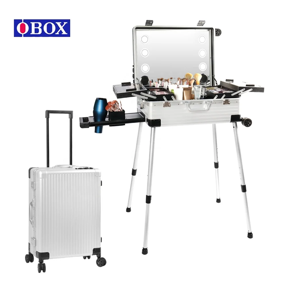 Makeup Train Suitcase with Built-in Lights 6 Light  and Rolling Wheels Travel Cosmetic Organizer