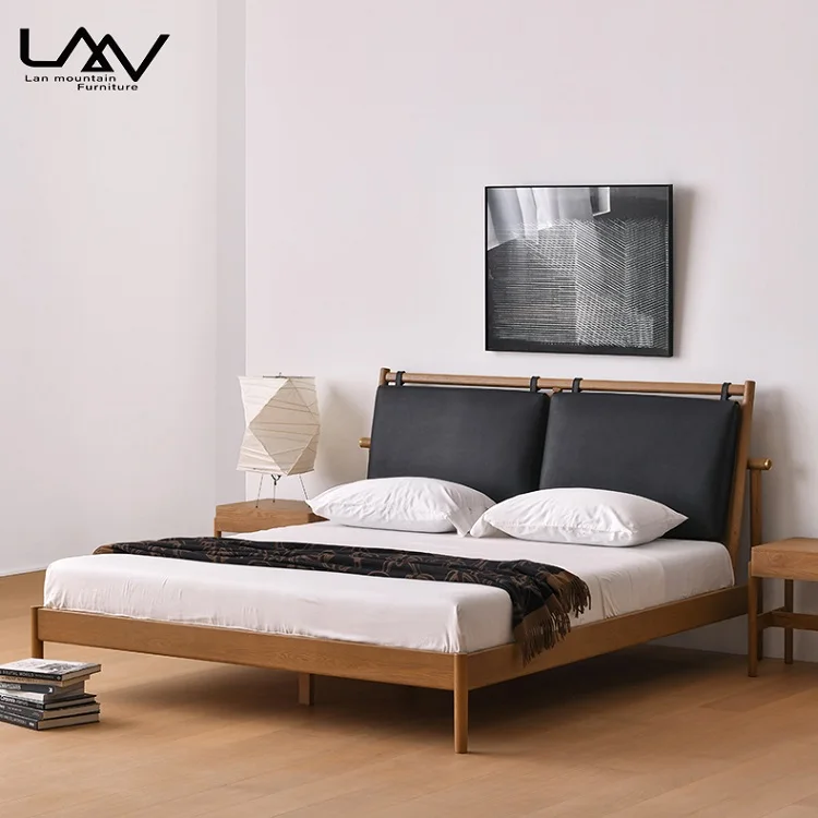 Nordic style Modern Simple solid wood 1.8 m double bed bedroom upholstered backrest leather bed furniture