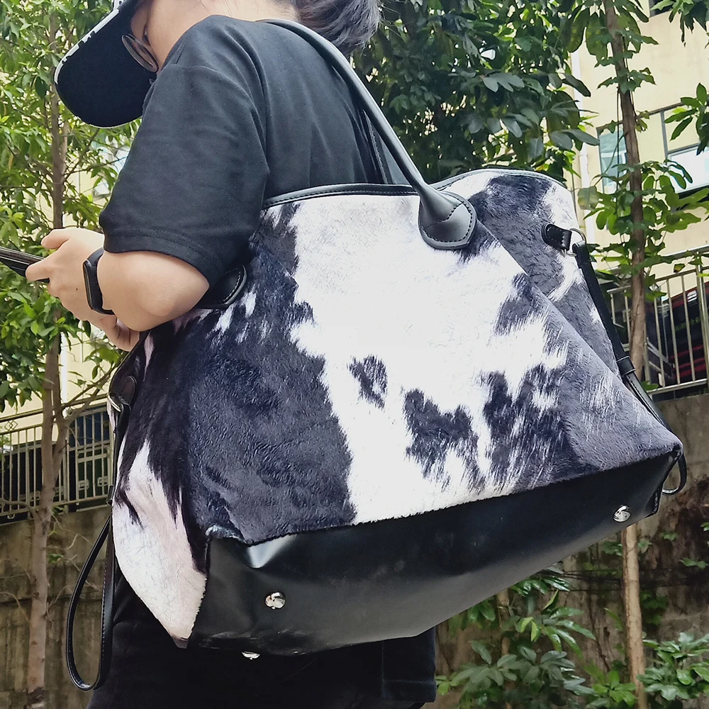 Women Suede Brown Cowhide Bag Wholesale Large Black and White Cow Print Weekend Tote Travel Bag Wristlet Gift