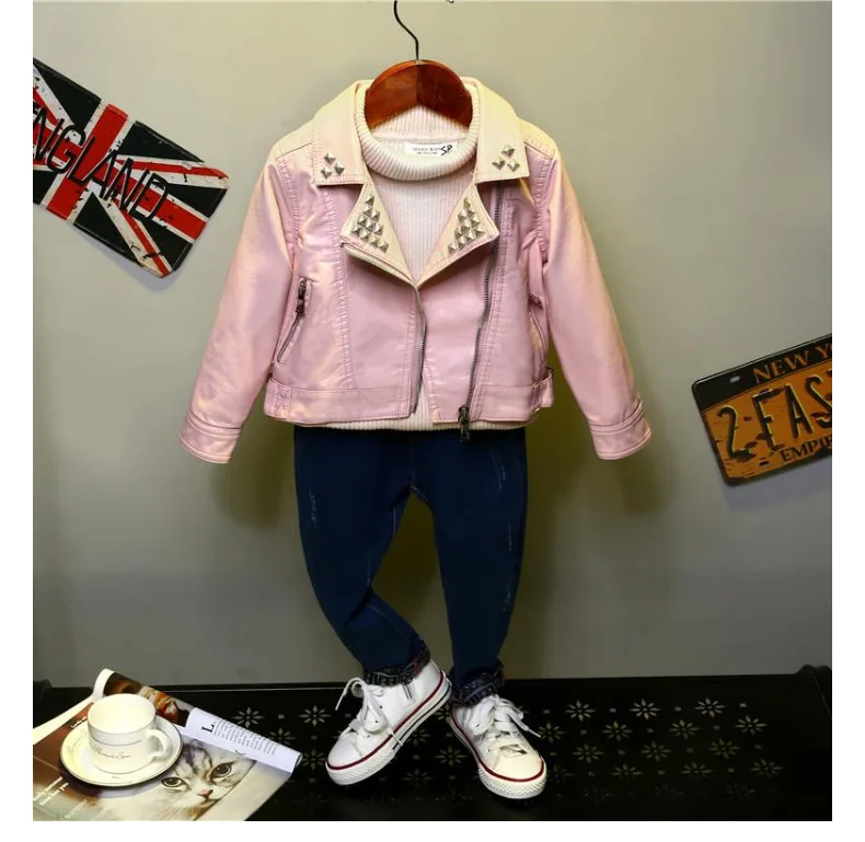2021 New Fall Winter Boy Girl Faux Leather Jacket Pink Black Red