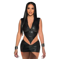 2023 Spring New Wholesale Womens Sexy Bright Face Imitation Leather Tight Vest High Fanny Pack Hip Short Skirt Suit