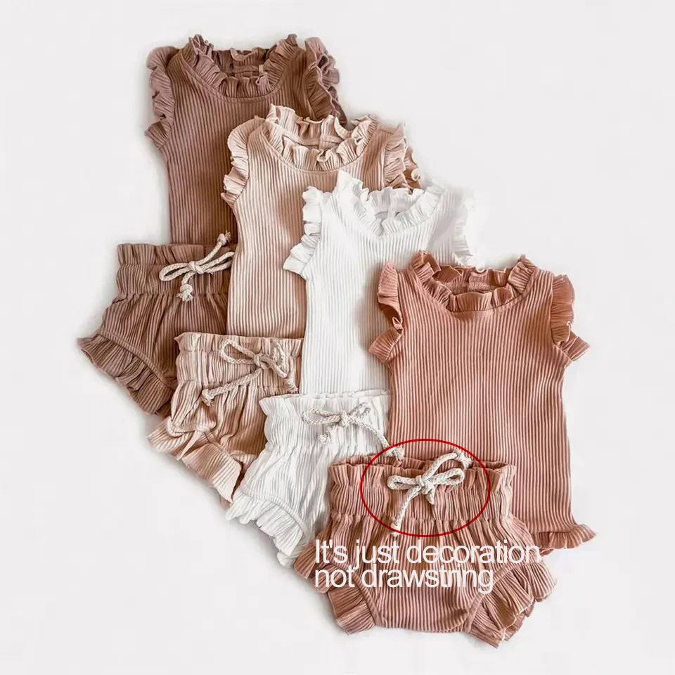 Newborn Baby Girl Clothes Set Solid Lace Ruffles Sleeve Backless Tops Toddler Shorts Outfits 100% Cotton