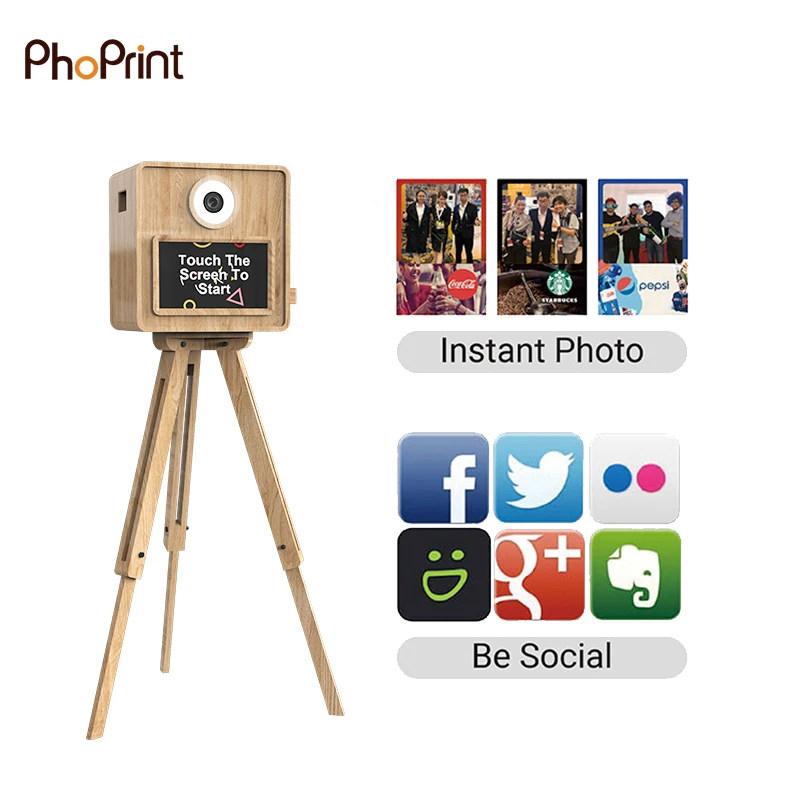 Portable Wooden Photo Booth Machine With Built-in Flash Ring And Printer For Events And Parties