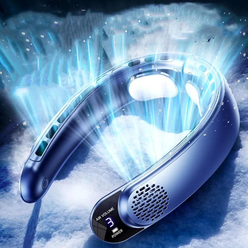 Factory Stocks Portable Neck Fan with 2pcs Cooling Ice Conductor Digital Display Air Cooling Fan 4000mah