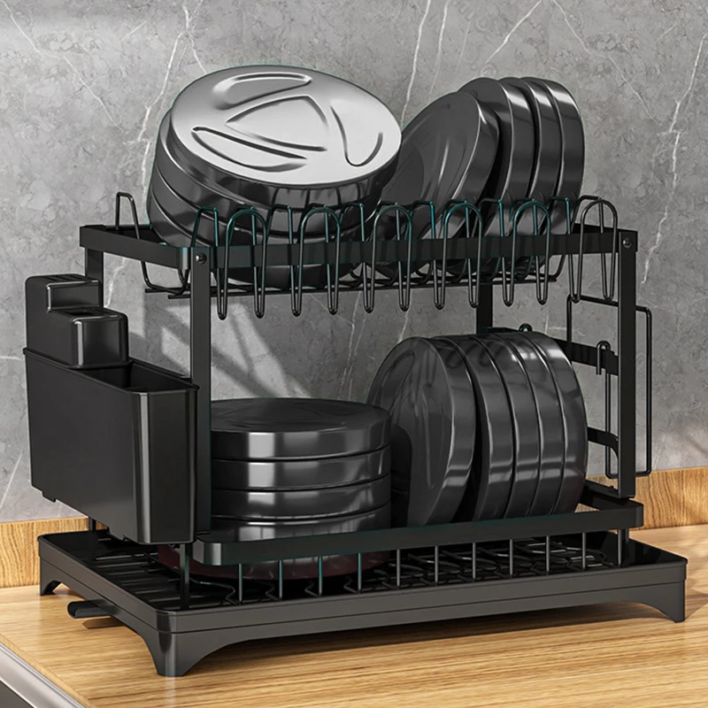Kitchen Metal 2 Tier Dish Rack Drainboard Set Folding Drying Rack Drainer With Cutlery Drainer