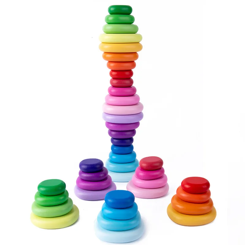 Kids Wooden Toys Rainbow River Pebbles Nature Flat Stone Dolls Rings Balls Building Blocks/Baby Stacking Blocks Motessori Toy