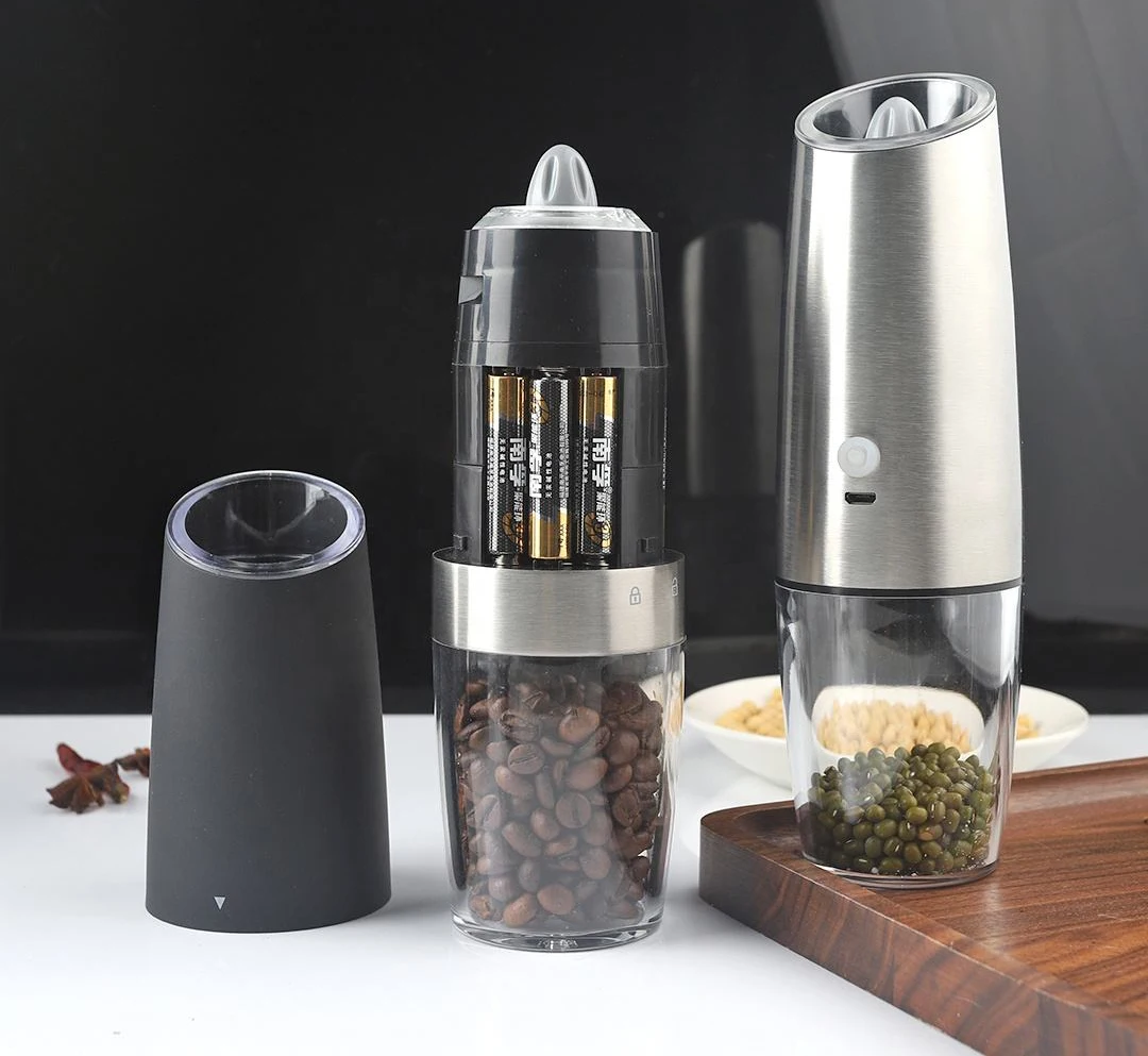 silver battery powered with LED light automatic operation stainless steel gravity electric mill pepper and salt grinder