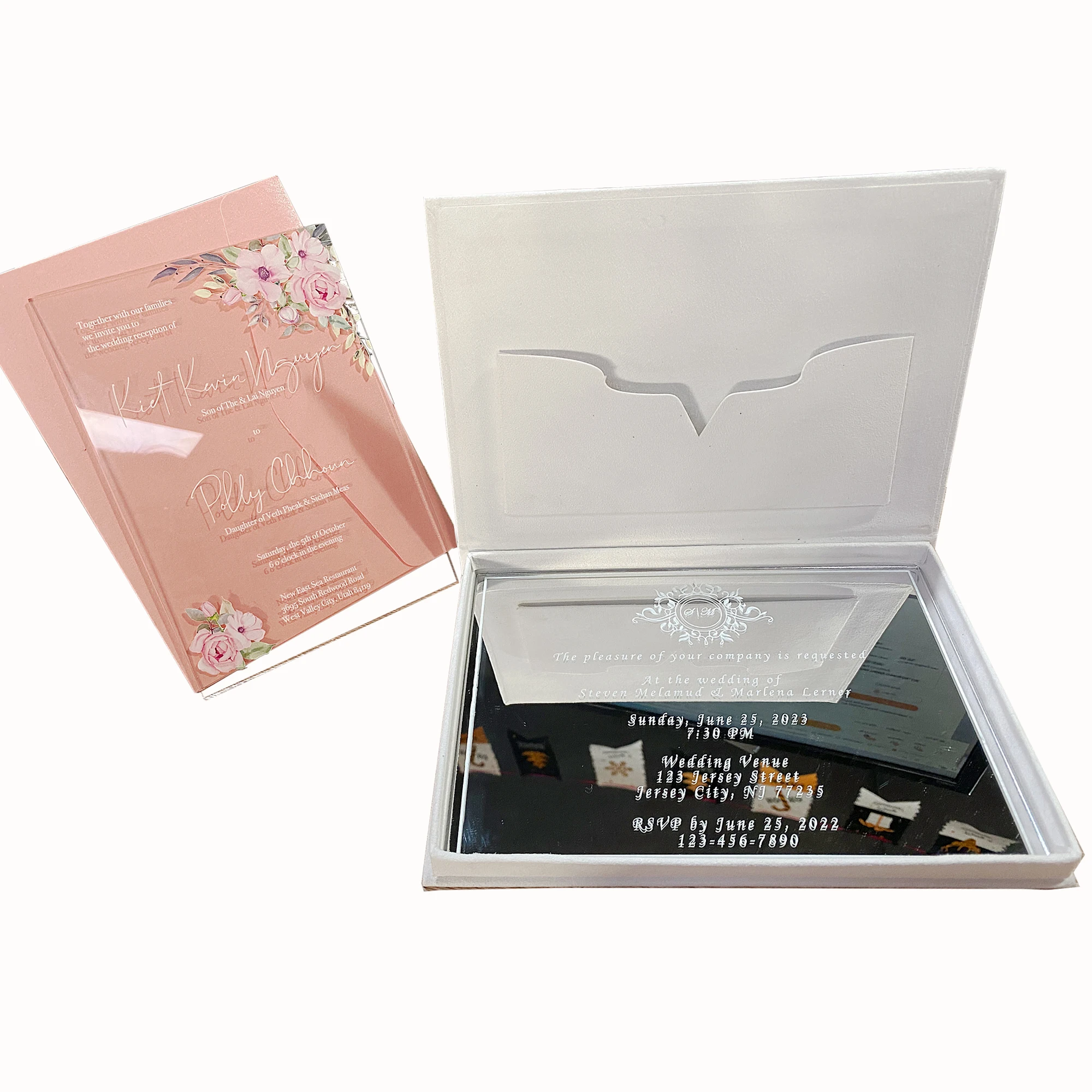 Western wedding invitation card box acrylic gold foil printing a set of card and velvet packaging