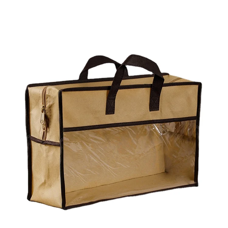 Wholesale zipper closure non woven pillow bag with transparent PVC