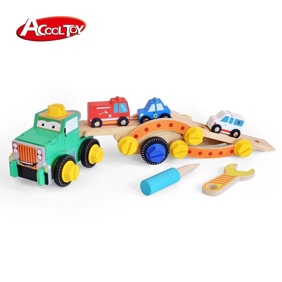 Wooden Carry Truck and 4 Cars Early Learning Vehicle Game Wooden Toy Car Set for Kids